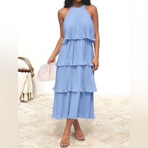 Halter neck, layered ruffle midi dress